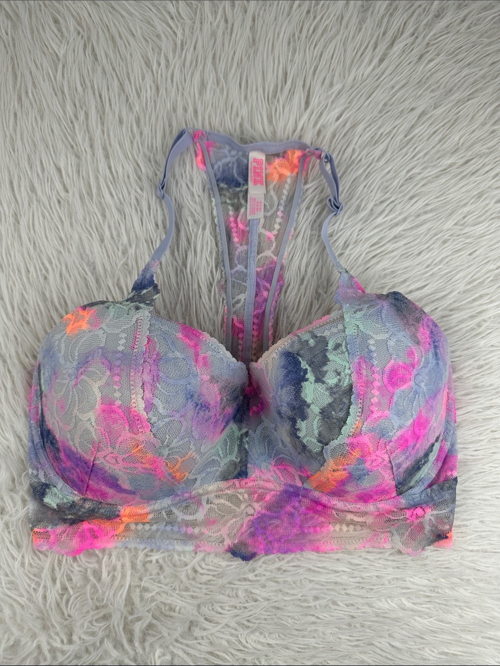 PINK Victoria’s Secret Pastel Tie-Dye Lace Racerback Push-Up Bralette Bra M D-DD